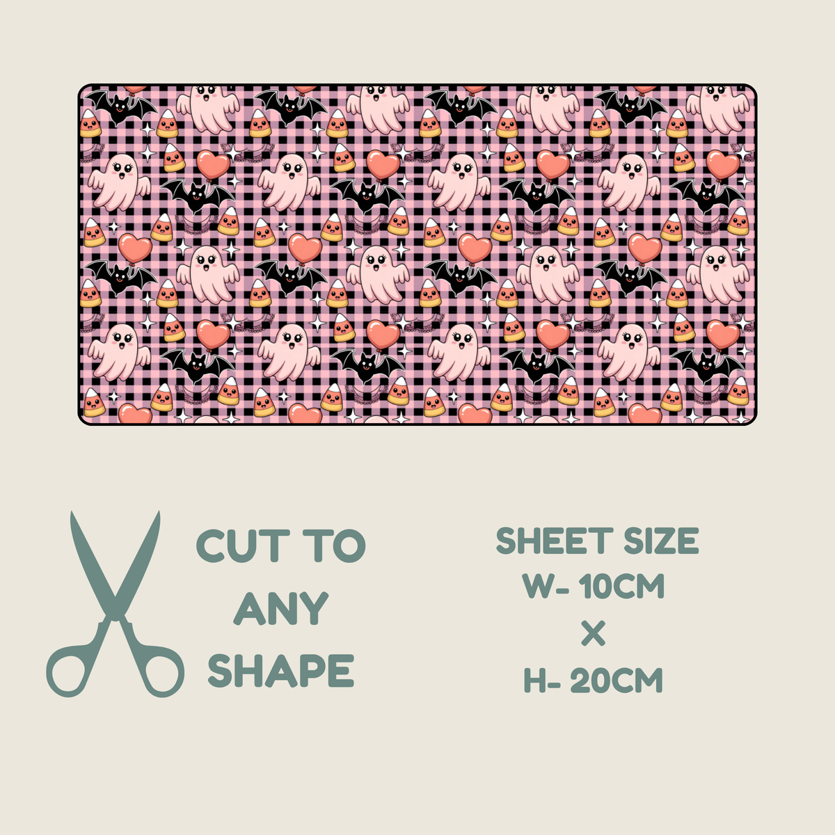 Tubie tape with a repeating ring of bats and ghosts on  pink and black checked background