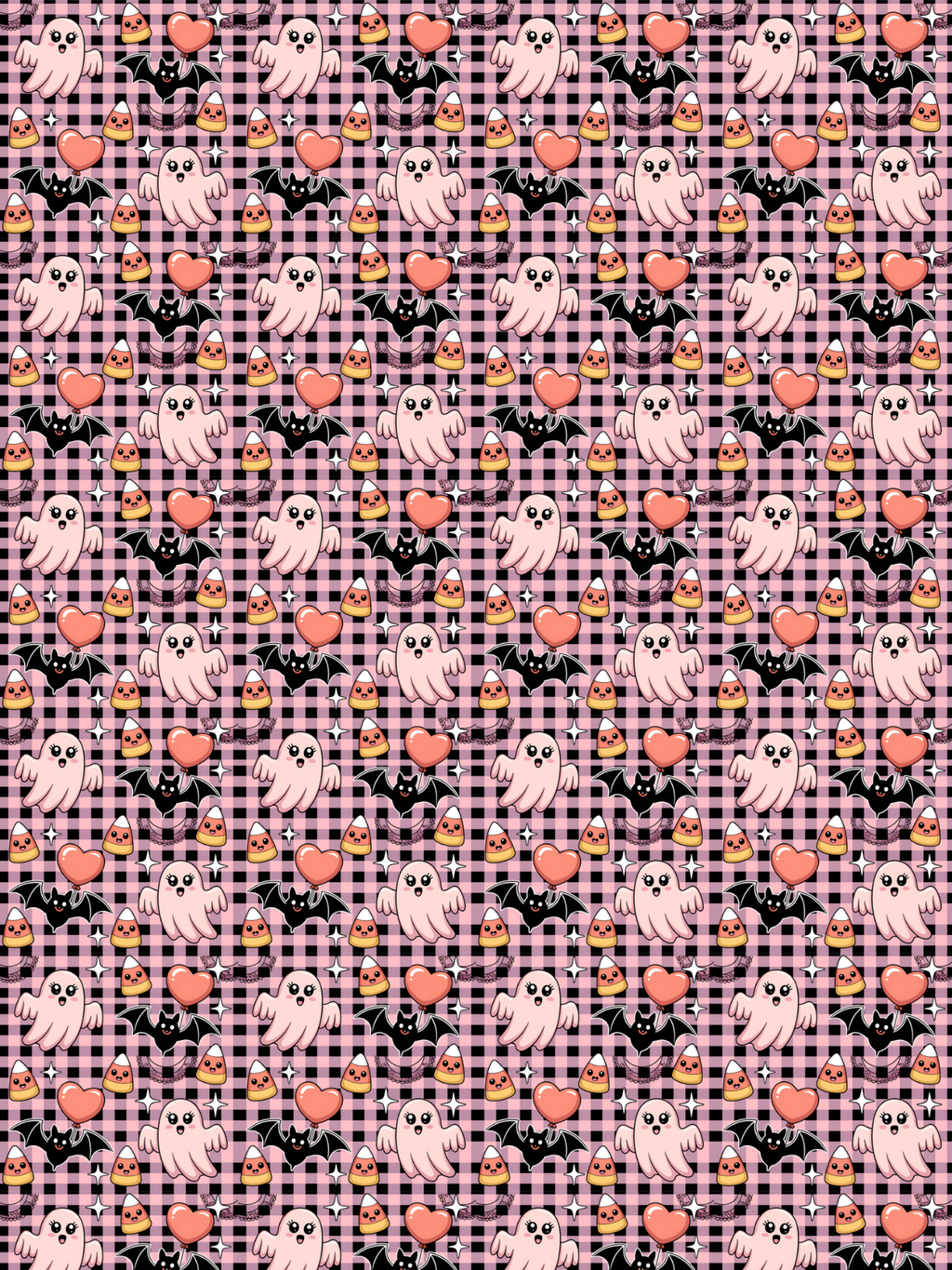 Tubie tape with a repeating ring of bats and ghosts on  pink and black checked background