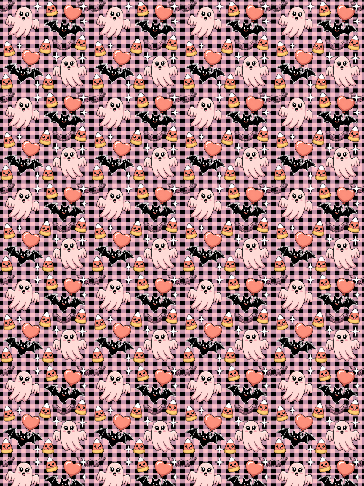 Tubie tape with a repeating ring of bats and ghosts on  pink and black checked background