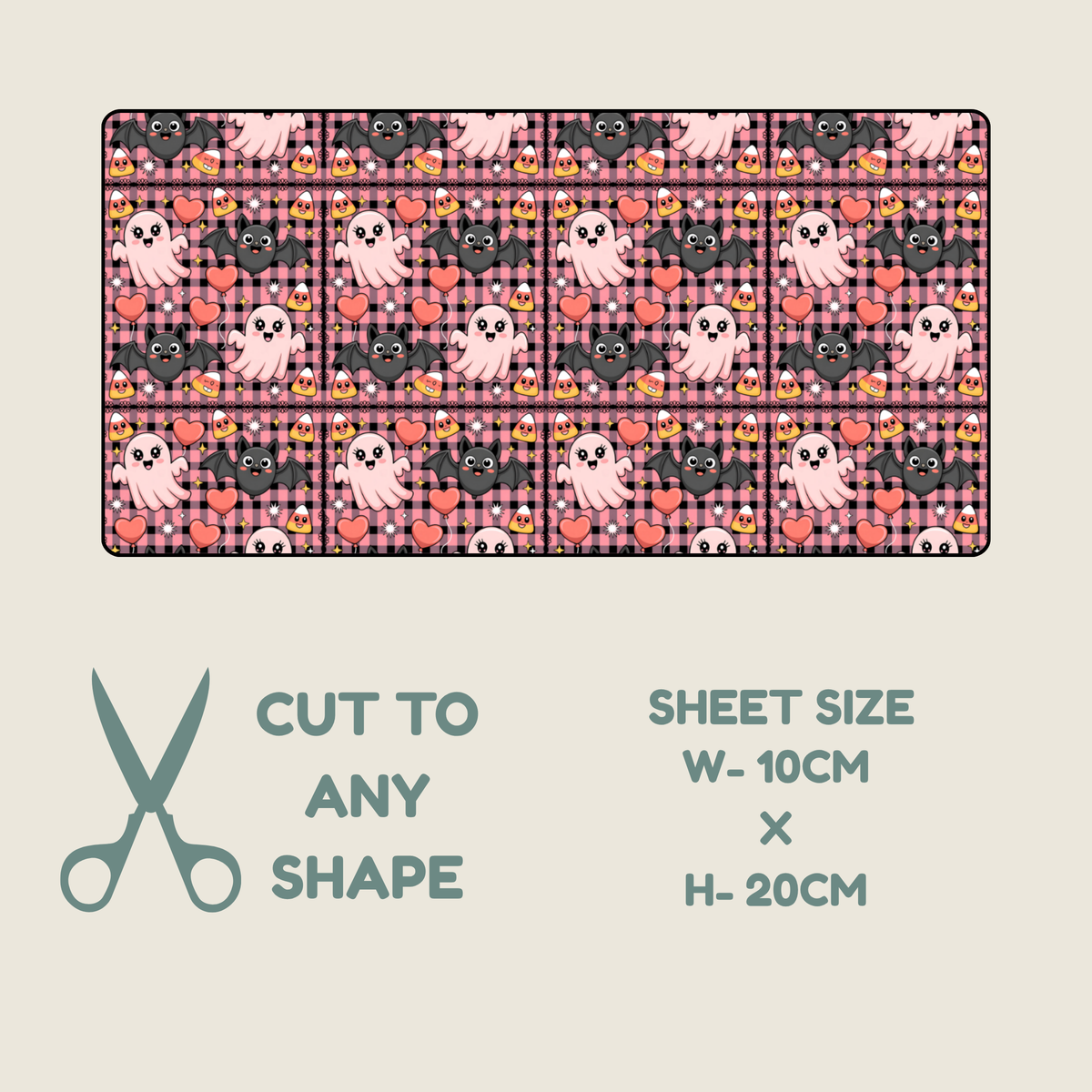 Tubie tape with a repeating halloween featuring pink ghosts, black bats, red hearts, and orange jack-o'-lanterns over a pink plaid background.