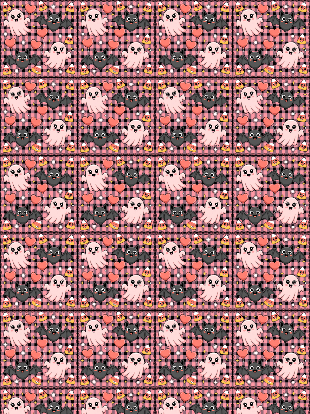 Tubie tape with a repeating Halloween-themed pattern featuring pink ghosts, black bats, red hearts, and orange jack-o'-lanterns over a pink plaid background.