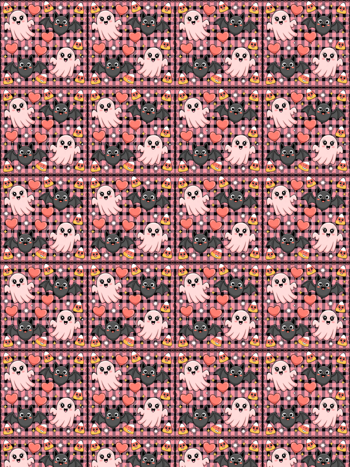Tubie tape with a repeating Halloween-themed pattern featuring pink ghosts, black bats, red hearts, and orange jack-o'-lanterns over a pink plaid background.
