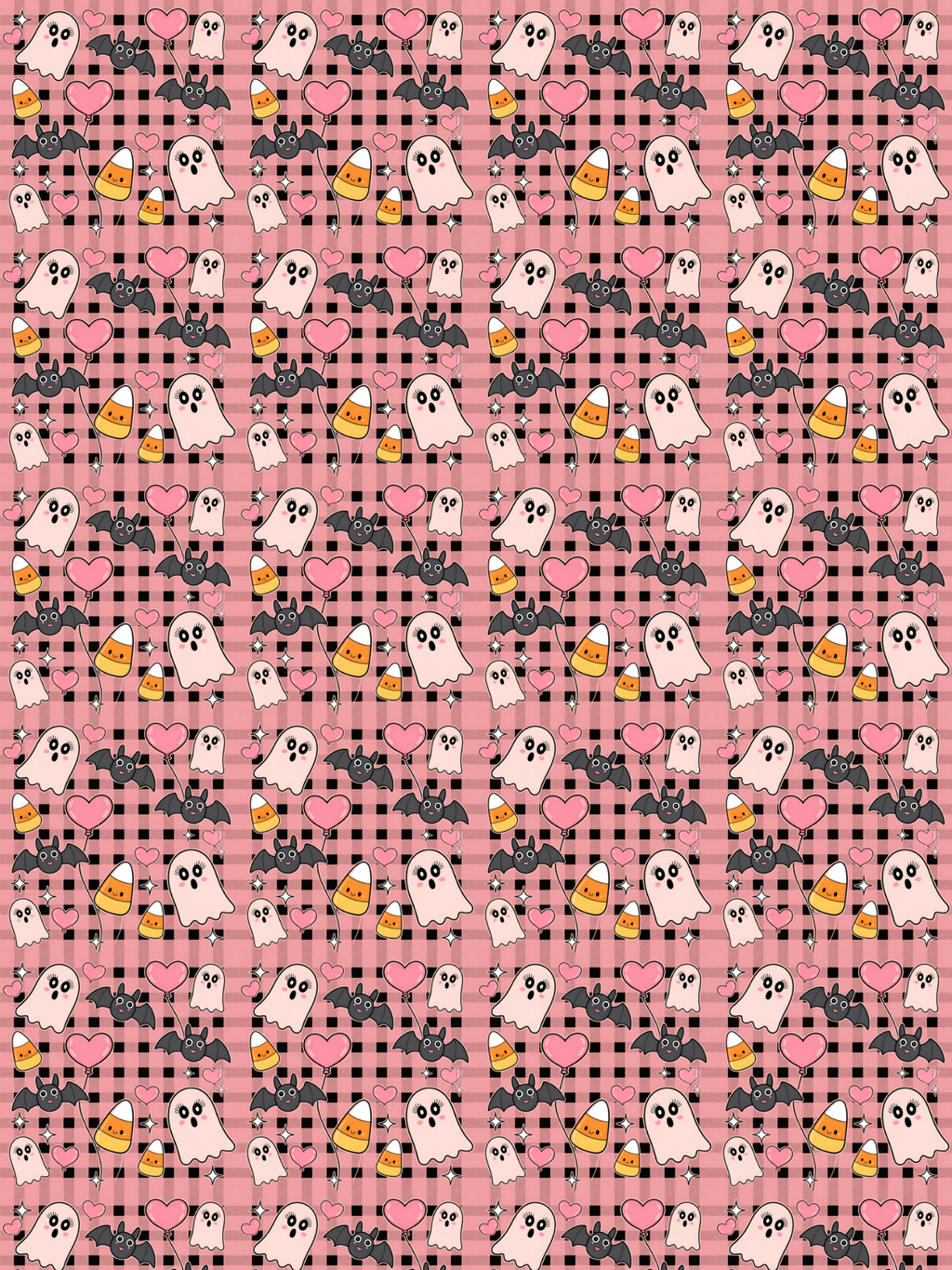 Tubie tape with a pink Halloween pattern featuring ghosts, hearts, bats, and candy,