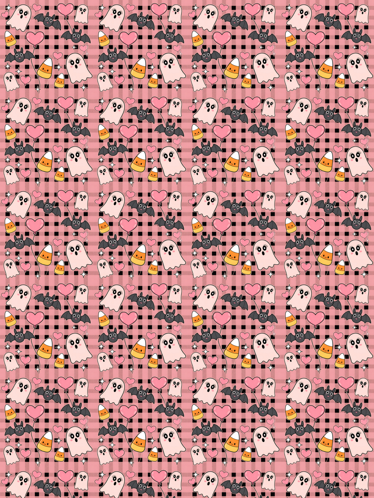 Tubie tape with a pink Halloween pattern featuring ghosts, hearts, bats, and candy,