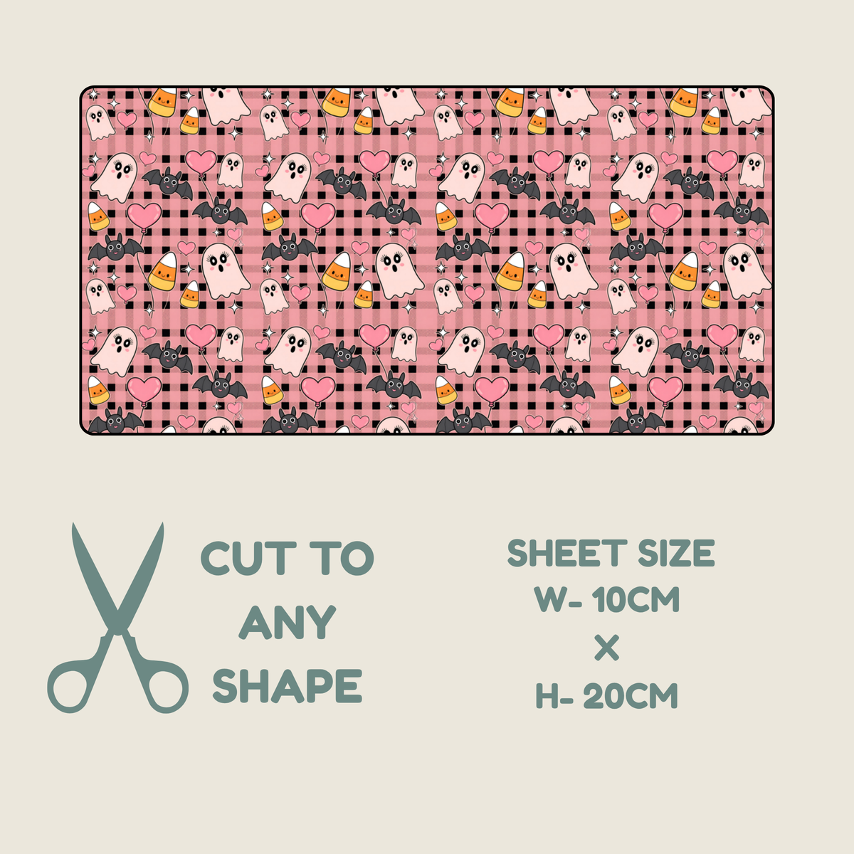  Tubie tape with a pink Halloween pattern featuring ghosts, hearts, bats, and candy, shown on a light beige background with text indicating sheet size 10cm x 20cm and a scissors icon saying cut to any shape.