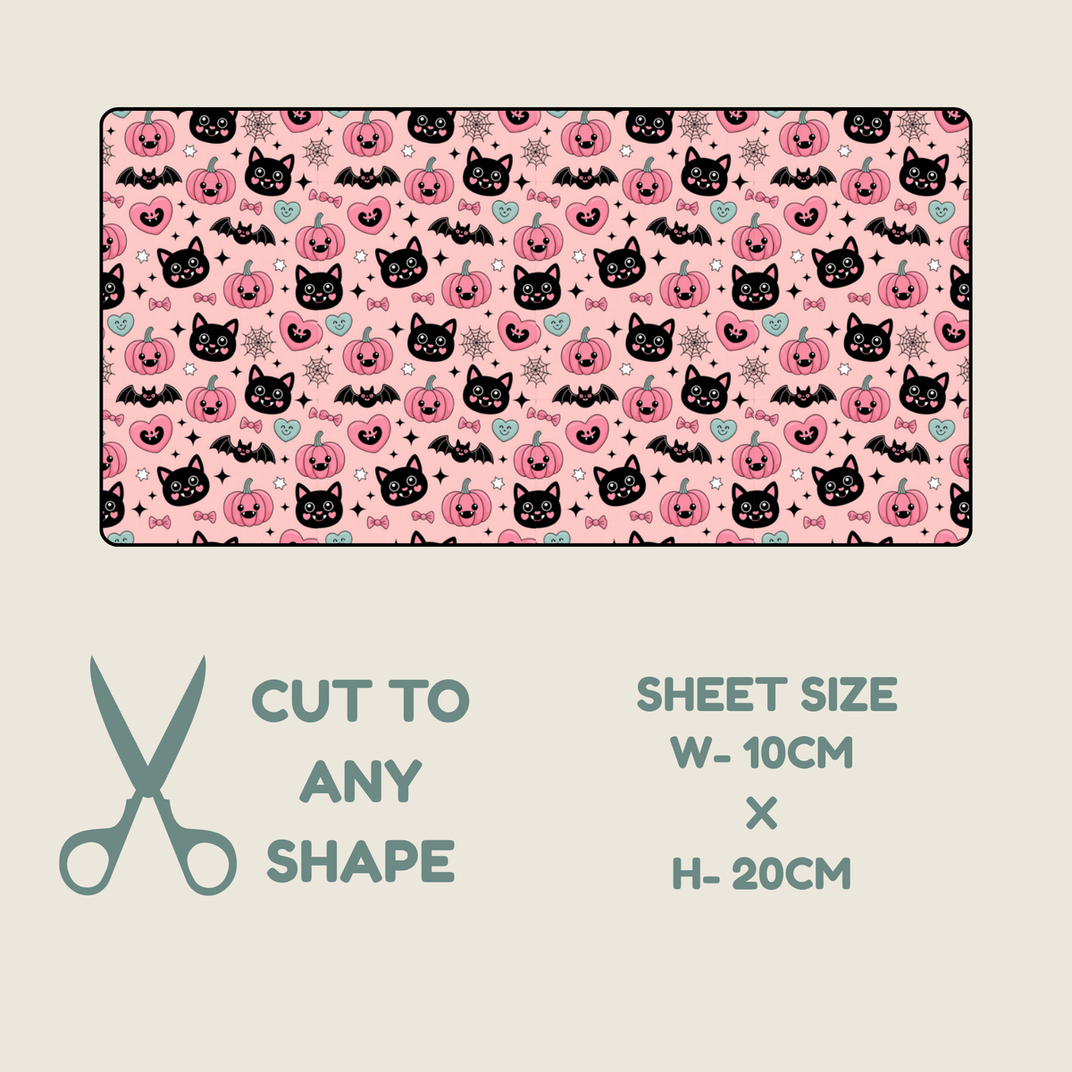 Tubie tape shown on a light beige background, with text below reading 'CUT TO ANY SHAPE', 'SHEET SIZE W-10CM x H-20CM', and a scissors icon. The sheet has a pink Halloween-style print with black cat faces, pumpkins, bats, and small decorative motifs.