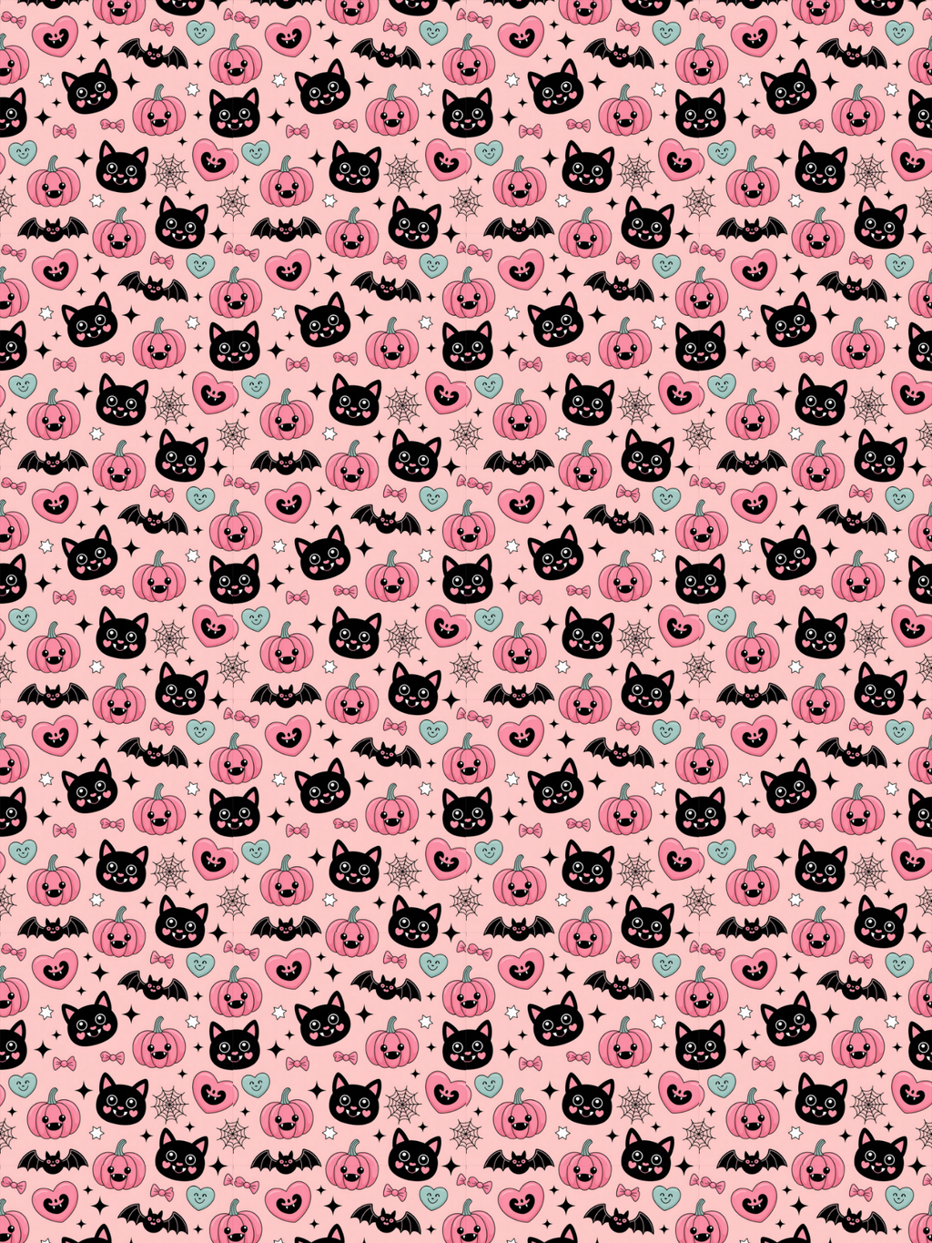 Tubie tape with a repeating Halloween-themed pattern on a light pink background, featuring black cat heads, black bats, pink pumpkins, and small teal and gray decorative motifs.