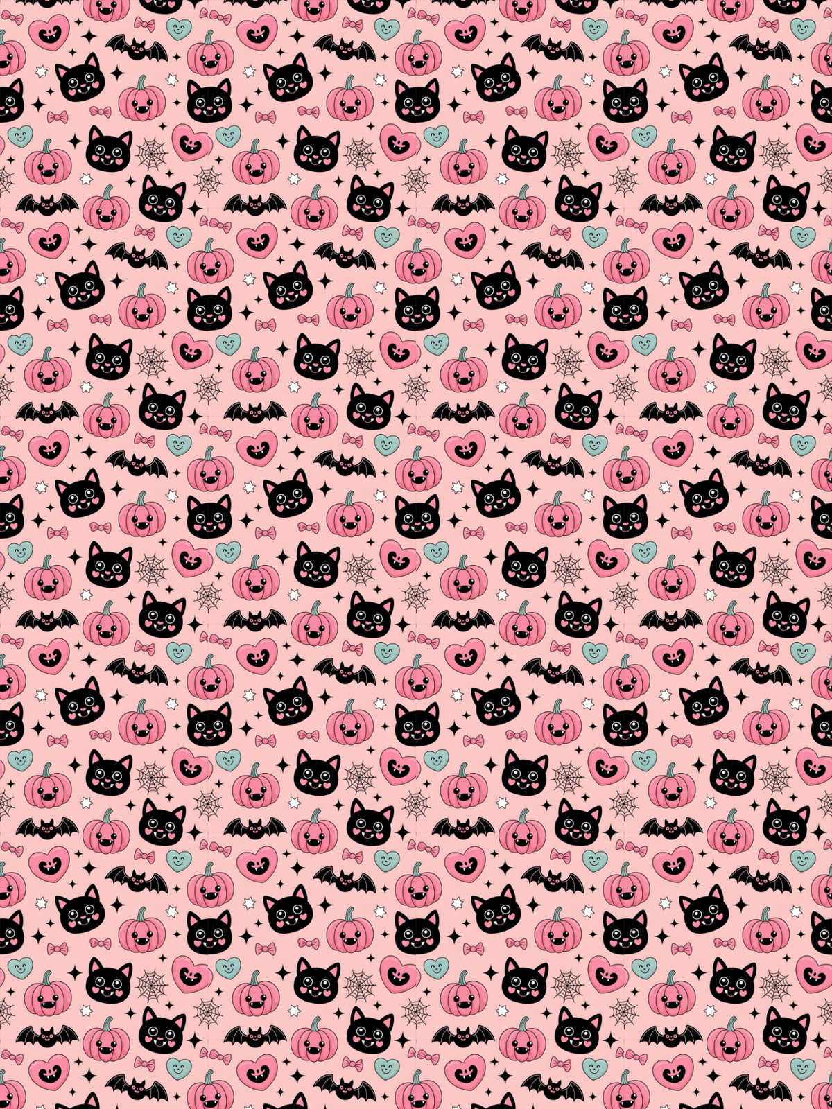 Tubie tape with a repeating Halloween-themed pattern on a light pink background, featuring black cat heads, black bats, pink pumpkins, and small teal and gray decorative motifs.
