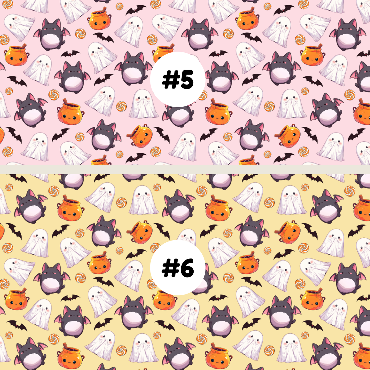 Two Halloween-themed repeating fabric or wallpaper patterns shown side by side, labeled #5 and #6. The top pattern #5 has a pink background with white ghosts, dark gray cats, orange pumpkins, black bats, and small orange swirls.
 The bottom pattern #6 has a yellow background with white ghosts, dark gray cats, orange pumpkins, black bats, and small orange swirls.