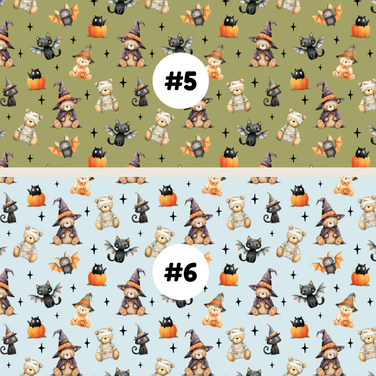 Two Halloween-themed repeating pattern swatches labeled #5 and #6. The top pattern #5 features teddy bears in witch hats, black cats, bats, and pumpkins on a olive green background.
The bottom pattern #6 features teddy bears in witch hats, black cats, bats, and pumpkins on a light blue background.