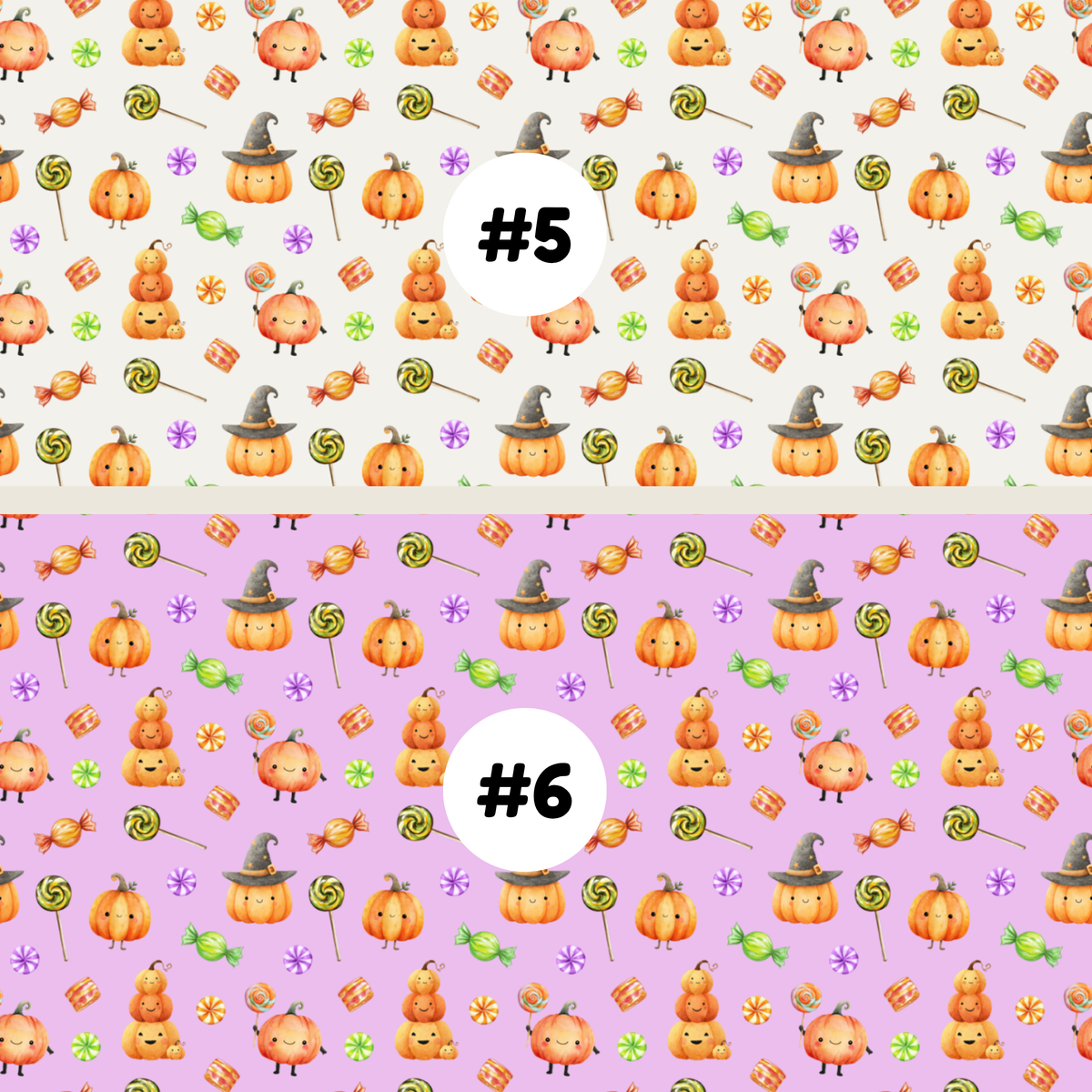 Two Halloween-themed repeating pattern swatches labeled #5 and #6. The top swatch #5 has a cream background with orange pumpkins, lollipops, sweets, and witch hats.
The bottom swatch #6 has a pink background with orange pumpkins, lollipops, sweets, and witch hats.