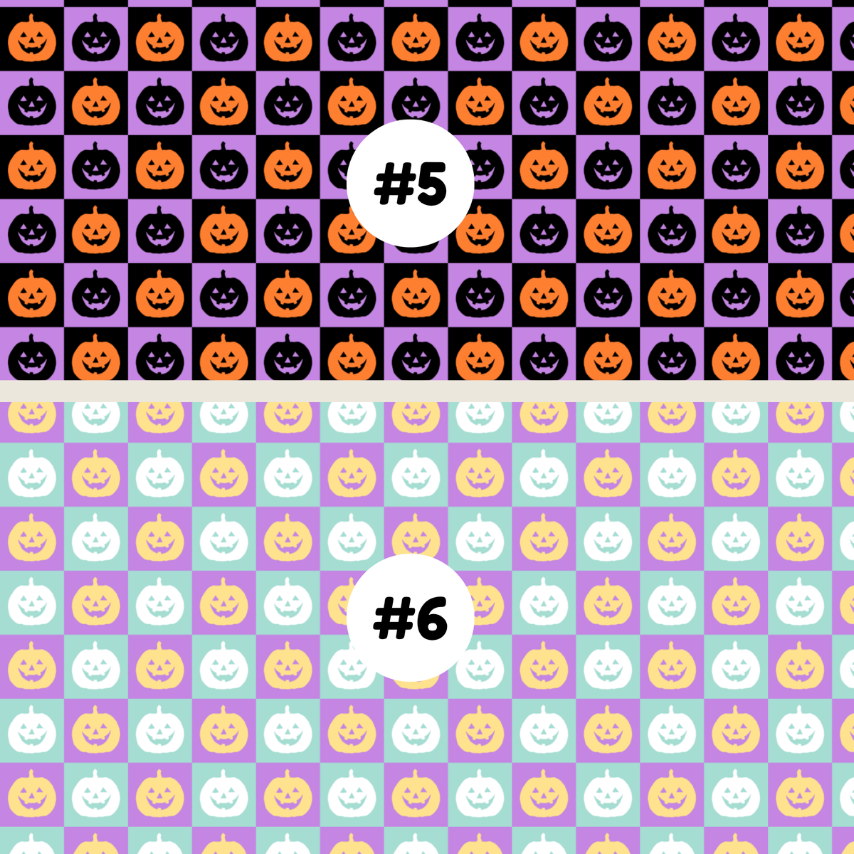 Two tubie tape Halloween-themed checkerboard pattern swatches labeled #5 and #6. The top swatch #5 features black and orange pumpkins on a black and purple background, while the bottom swatch #6 features white and yellow pumpkins on a mint and lavender background