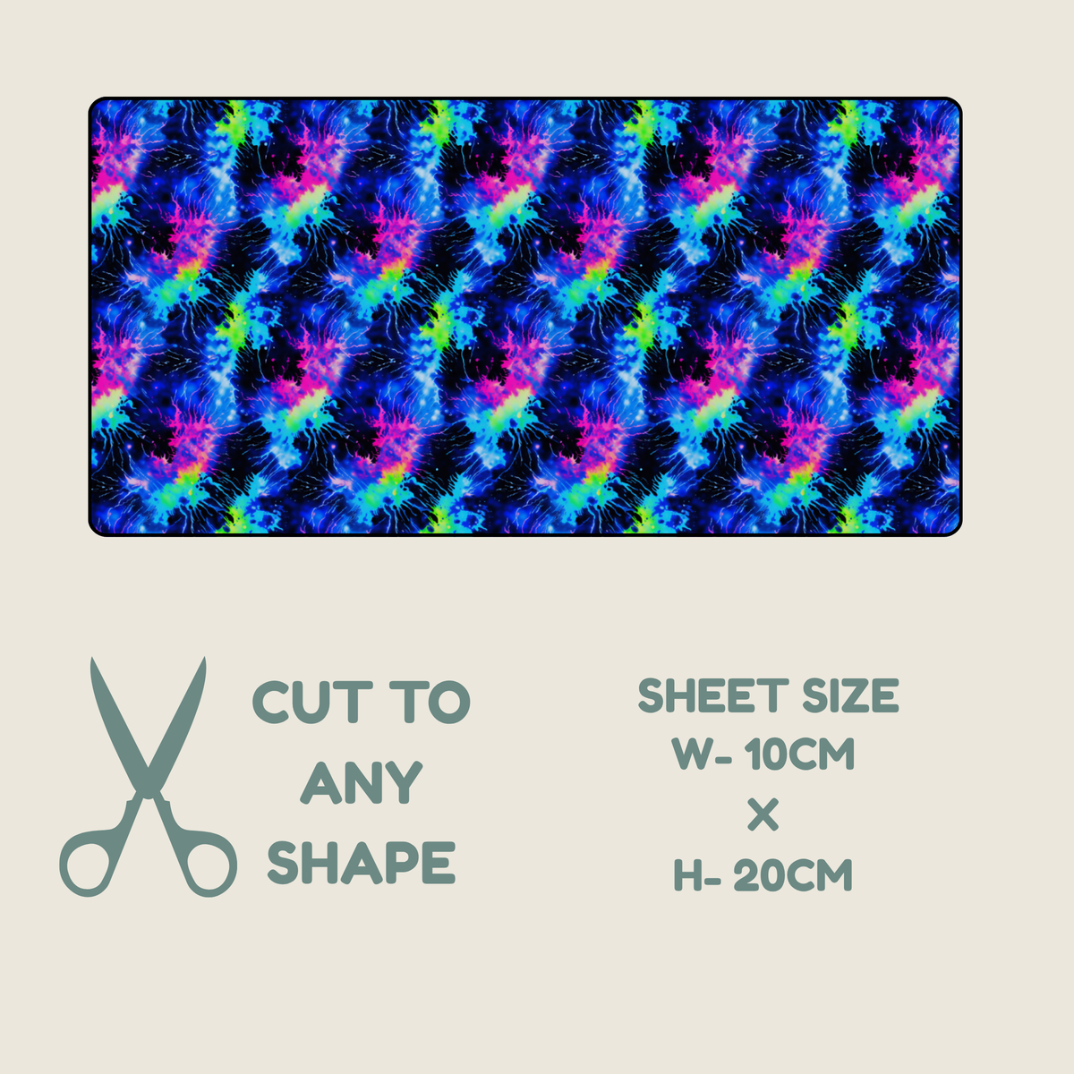 A tubie tape sample with a vivid repeating tie-dye-like pattern in blue, purple, pink, and green on a light beige background. Below the sample, text reads 'CUT TO ANY SHAPE' with scissors icon, and 'SHEET SIZE W-10CM x H-20CM'.