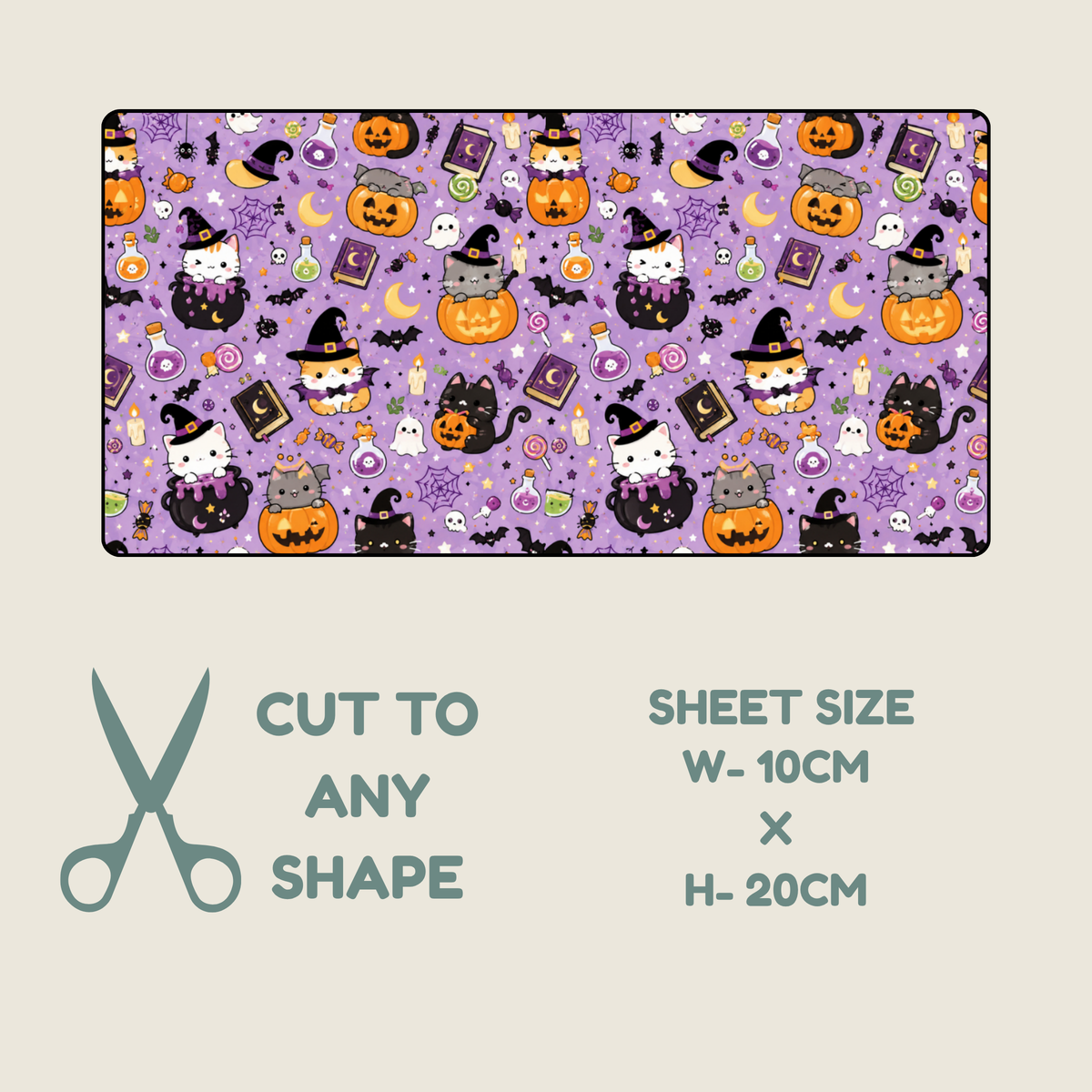 Tubie tape with a repeating pattern of purple background, orange pumpkins, black cats in witch hats, bats, ghosts, and candy. The image includes text stating 'CUT TO ANY SHAPE' and 'SHEET SIZE W-10CM X H-20CM' with a scissors icon on a light beige background.