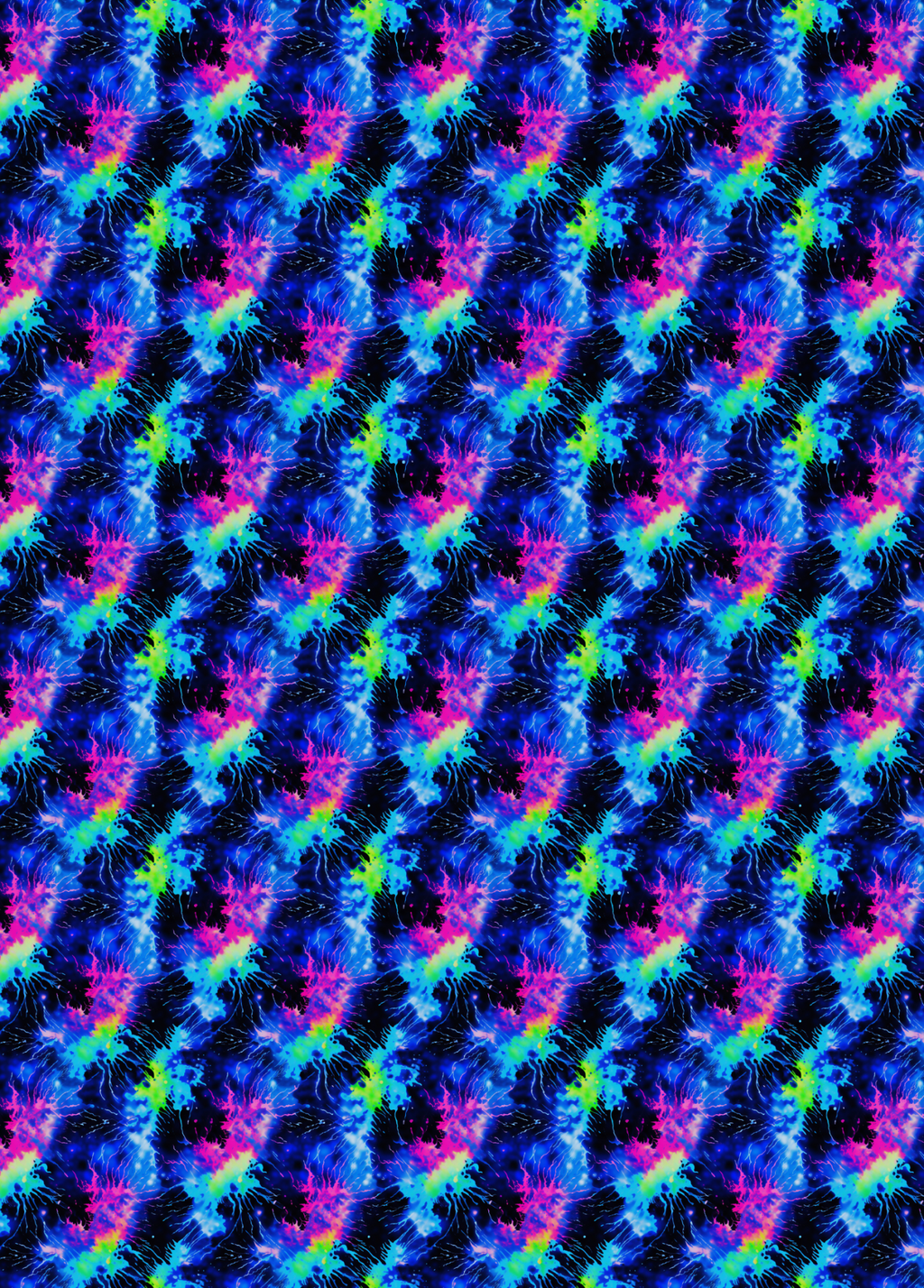A tubie tape with a  seamless repeating pattern featuring vibrant neon blue, pink, purple, and green abstract organic shapes on a black background.