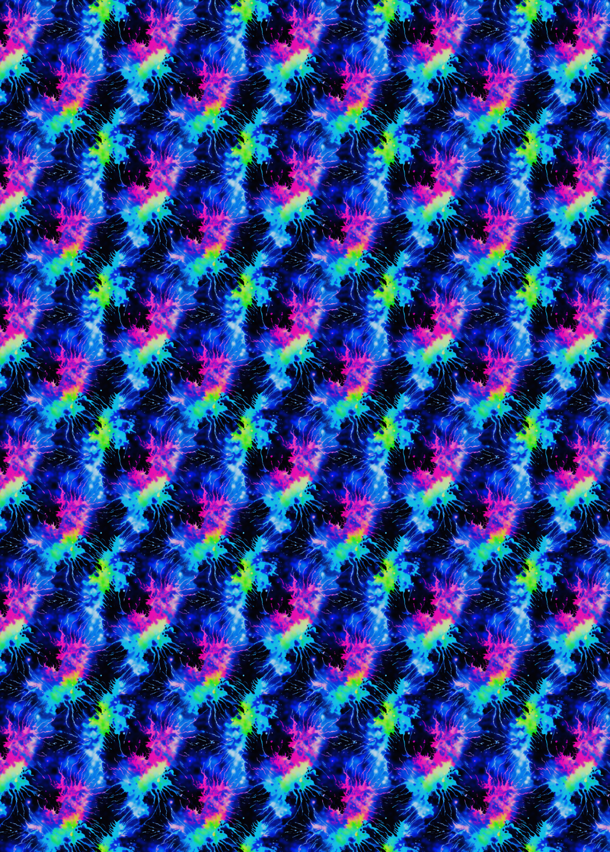 A tubie tape with a  seamless repeating pattern featuring vibrant neon blue, pink, purple, and green abstract organic shapes on a black background.