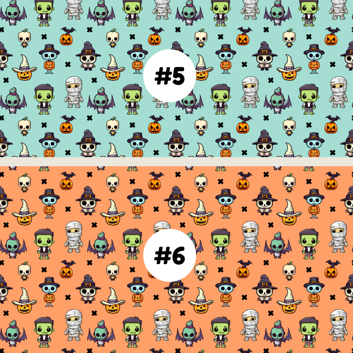 Two Halloween-themed repeating pattern swatches labeled #5 and #6. The top pattern #5 has a light aqua background with cartoon mummies, skulls, bats, ghosts, and pumpkins.
 The bottom pattern #6 has a orange background with cartoon mummies, skulls, bats, ghosts, and pumpkins.