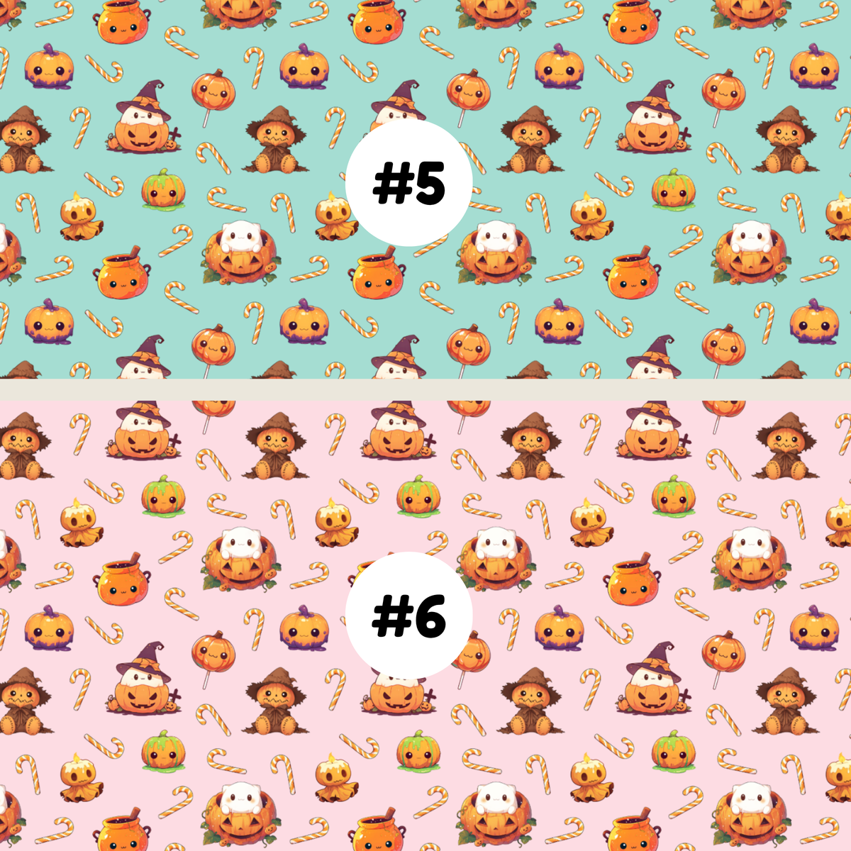 Two Halloween-themed repeating pattern swatches labeled #5 and #6. The top swatch #5 has a mint green background with orange pumpkins, candy canes, and witch hats.
The bottom swatch #6 has a pink background with orange pumpkins, candy canes, and witch hats.