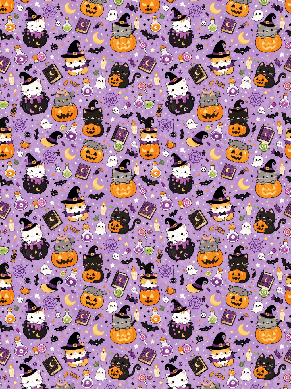 Tubie tape with a repeating Halloween-themed pattern on a lavender purple background, featuring cartoon cats wearing witch hats, orange jack-o'-lantern pumpkins, black cats, ghosts, bats, moons, stars, candy, and spellbooks. 