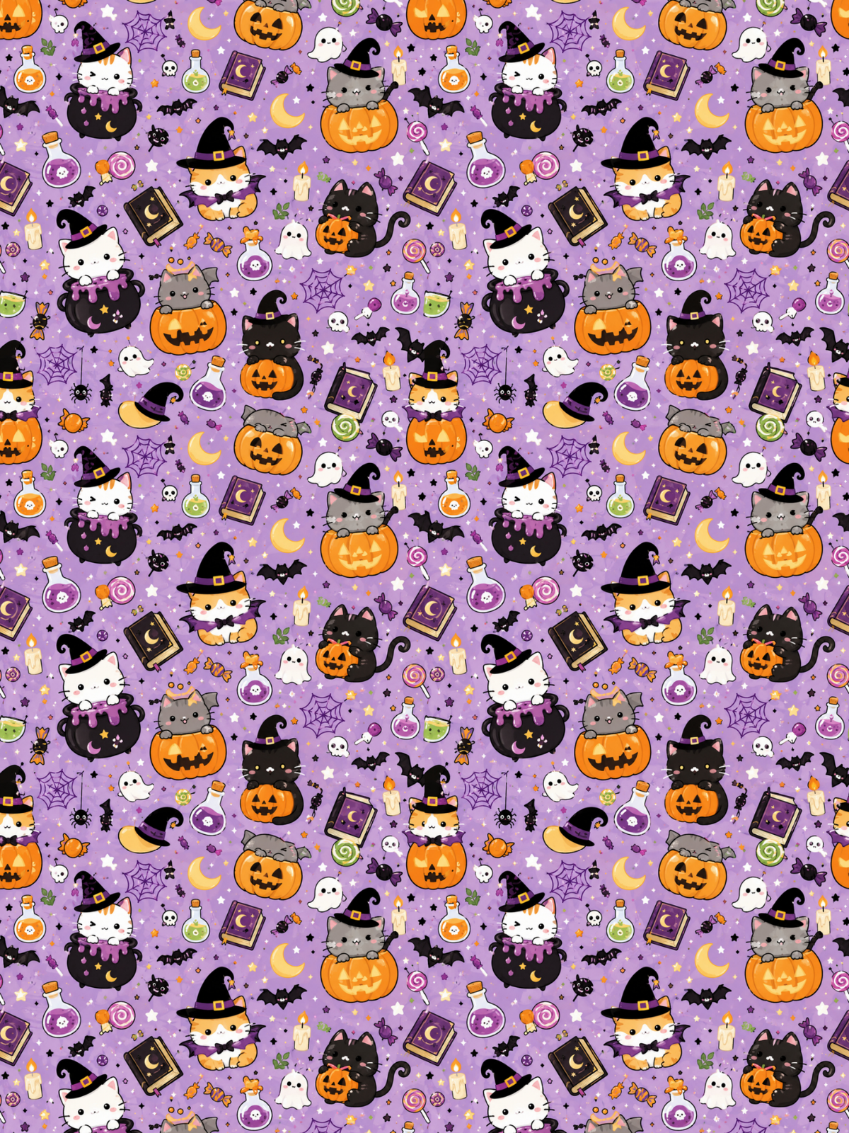 Tubie tape with a repeating Halloween-themed pattern on a lavender purple background, featuring cartoon cats wearing witch hats, orange jack-o'-lantern pumpkins, black cats, ghosts, bats, moons, stars, candy, and spellbooks. 