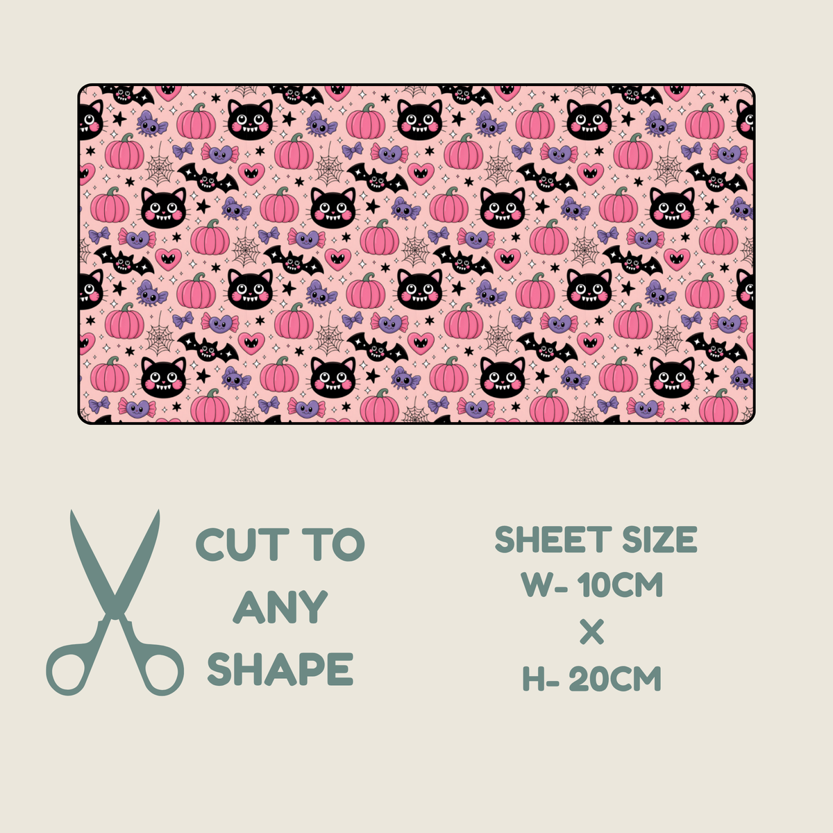 Tubie tape with a repeating Halloween-style print of black cats, pink pumpkins, purple butterflies, and small stars on a light pink background, shown above a beige panel with text reading 'CUT TO ANY SHAPE' and 'SHEET SIZE W-10CM x H-20CM'.