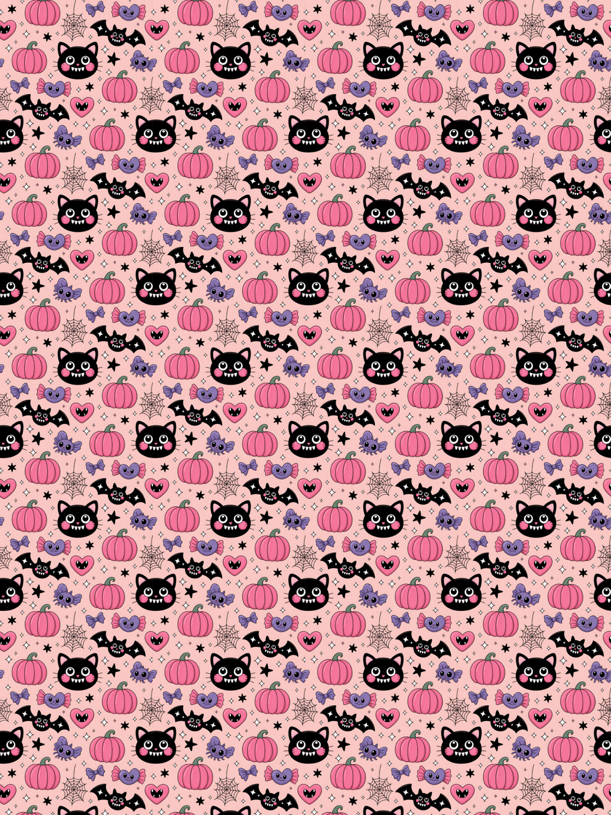 Tubie tape with a repeating Halloween-themed pattern featuring pink pumpkins, black cat faces, pink bats, and pink hearts on a pale pink background.
