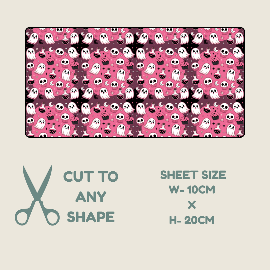 Tubie tape  with a pink Halloween pattern featuring ghosts, hearts, bats, and candy, shown on a light beige background with text indicating sheet size 10cm x 20cm and a scissors icon saying cut to any shape.