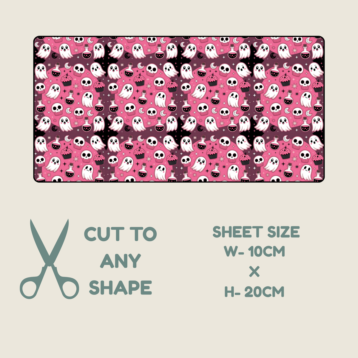 Tubie tape  with a pink Halloween pattern featuring ghosts, hearts, bats, and candy, shown on a light beige background with text indicating sheet size 10cm x 20cm and a scissors icon saying cut to any shape.