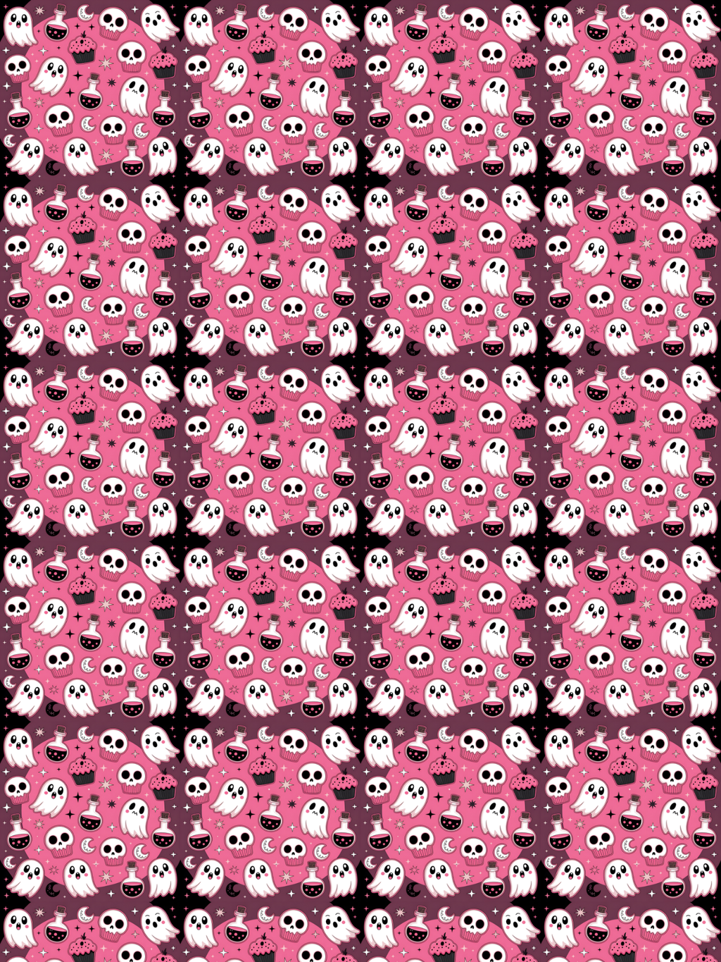 Tubie tape with a repeating Halloween pattern featuring white cartoon ghosts, black jack-o'-lanterns, and small stars on a bright pink background.