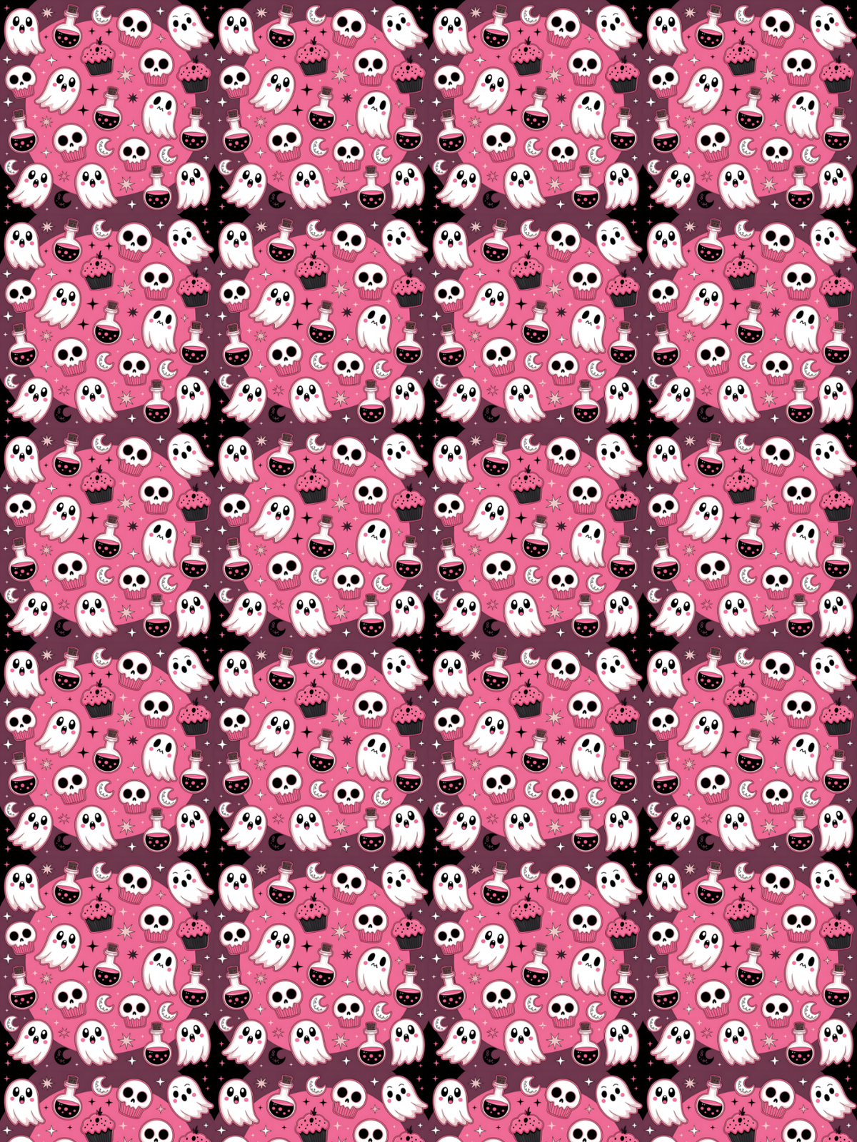 Tubie tape with a repeating Halloween pattern featuring white cartoon ghosts, black jack-o'-lanterns, and small stars on a bright pink background.