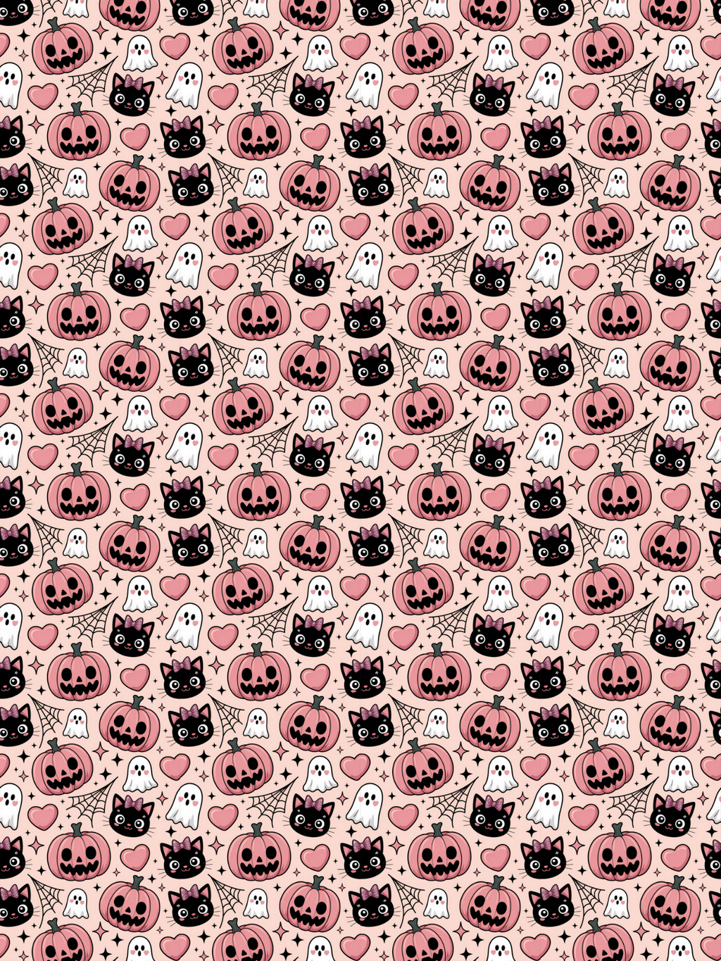 Tubie tape with a repeating Halloween pattern featuring pink pumpkins, black cats, white ghosts, and pink hearts on a light beige background.