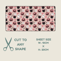 Tubie tape with a repeating Halloween pattern of pumpkins, ghosts, cats, and hearts on a light beige background, shown with text below reading 'CUT TO ANY SHAPE', 'SHEET SIZE W-10CM x H-20CM', and a scissors icon.