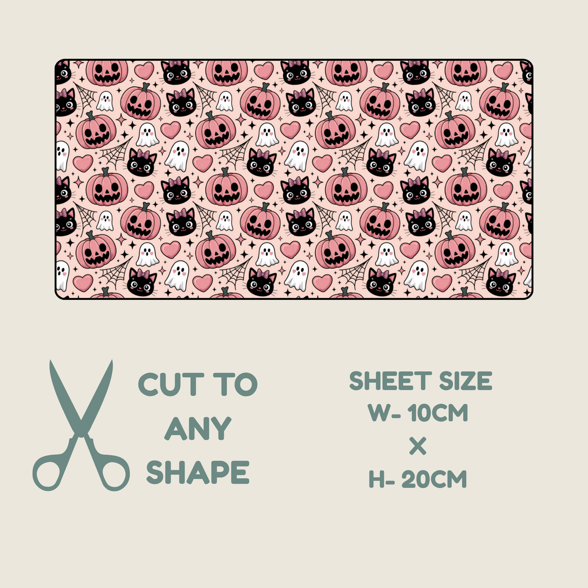 Tubie tape with a repeating Halloween pattern of pumpkins, ghosts, cats, and hearts on a light beige background, shown with text below reading 'CUT TO ANY SHAPE', 'SHEET SIZE W-10CM x H-20CM', and a scissors icon.