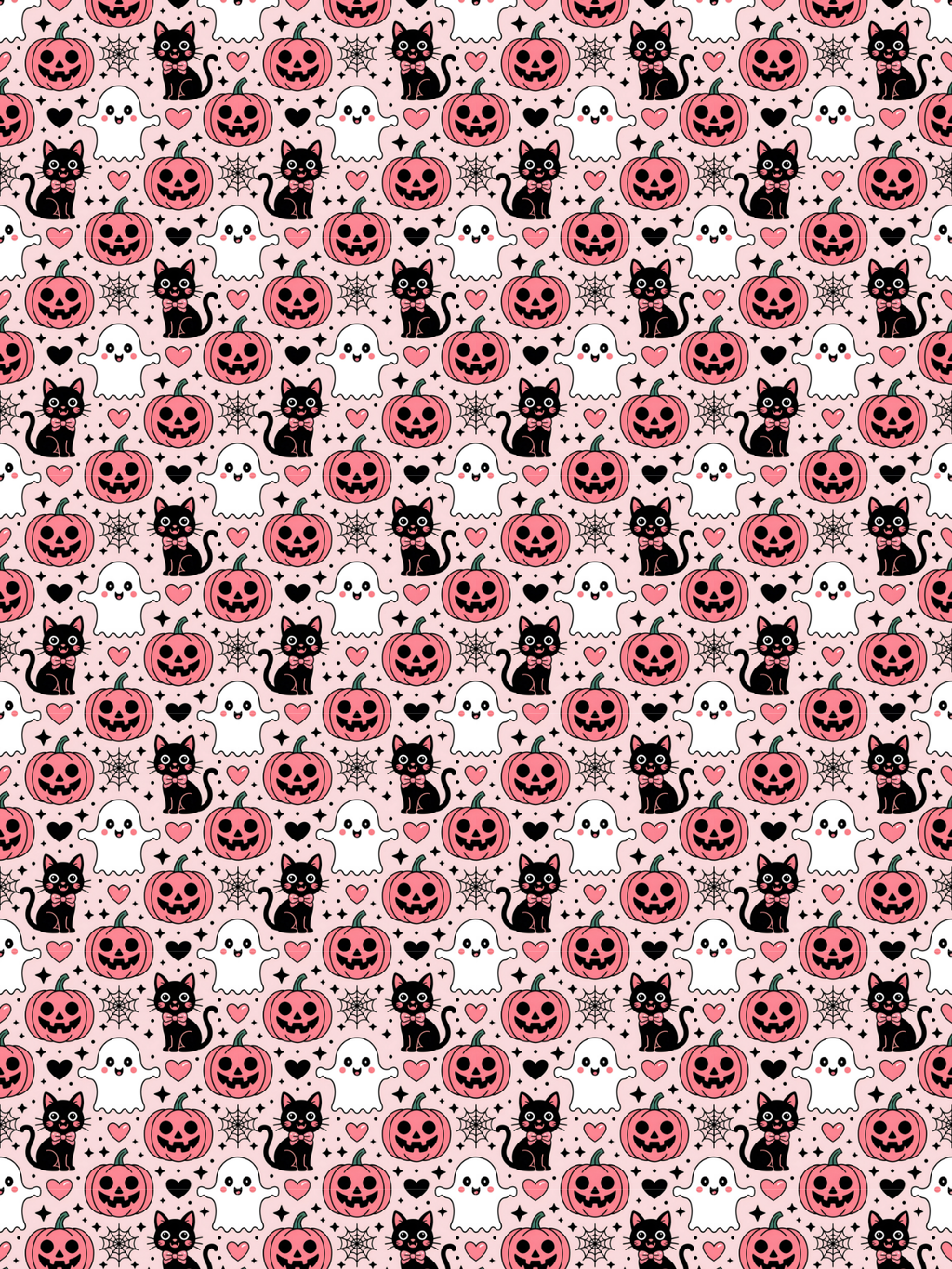 Tubie tape with a repeating Halloween pattern featuring black cats, white ghosts, pink jack-o'-lanterns, and pink hearts on a white background.