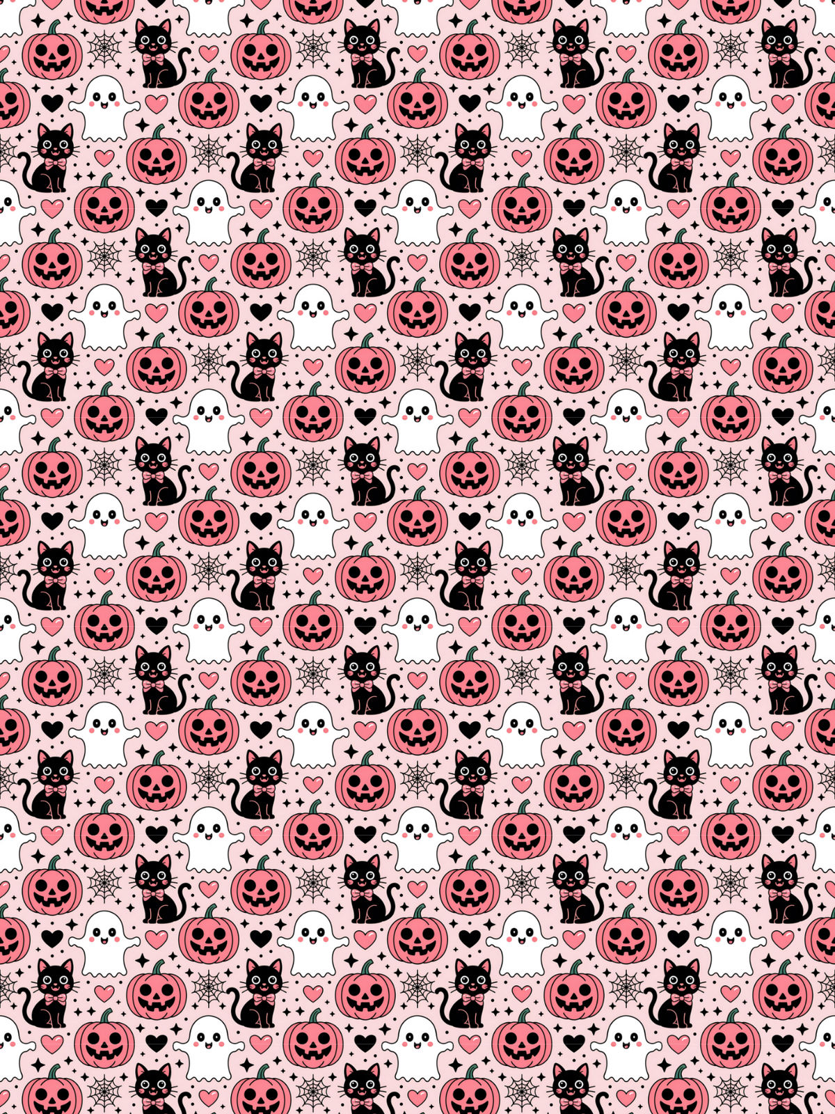 Tubie tape with a repeating Halloween pattern featuring black cats, white ghosts, pink jack-o'-lanterns, and pink hearts on a white background.