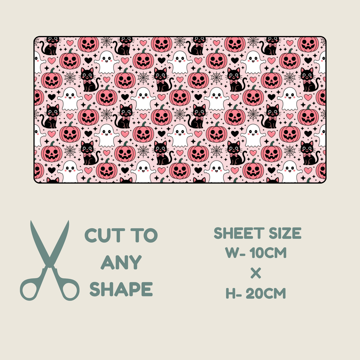 Tubie tape with a Halloween-themed repeating pattern sheet with pink pumpkins, black cats, white ghosts, and hearts on a white background, shown with text indicating sheet size 10cm by 20cm and a note that the design can be cut to any shape.