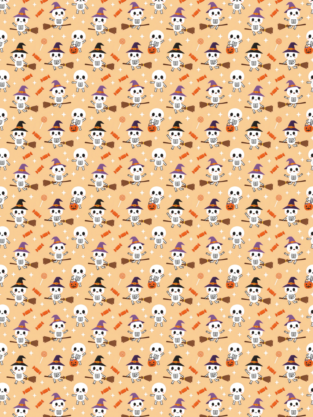 Tubie tape with a repeating Halloween pattern featuring cartoon skeletons wearing black witch hats and purple pointed hats, riding broomsticks, with candy corn, treats, and white stars on a warm peach background.