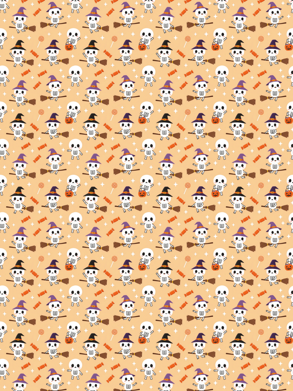 Tubie tape with a repeating Halloween pattern featuring cartoon skeletons wearing black witch hats and purple pointed hats, riding broomsticks, with candy corn, treats, and white stars on a warm peach background.
