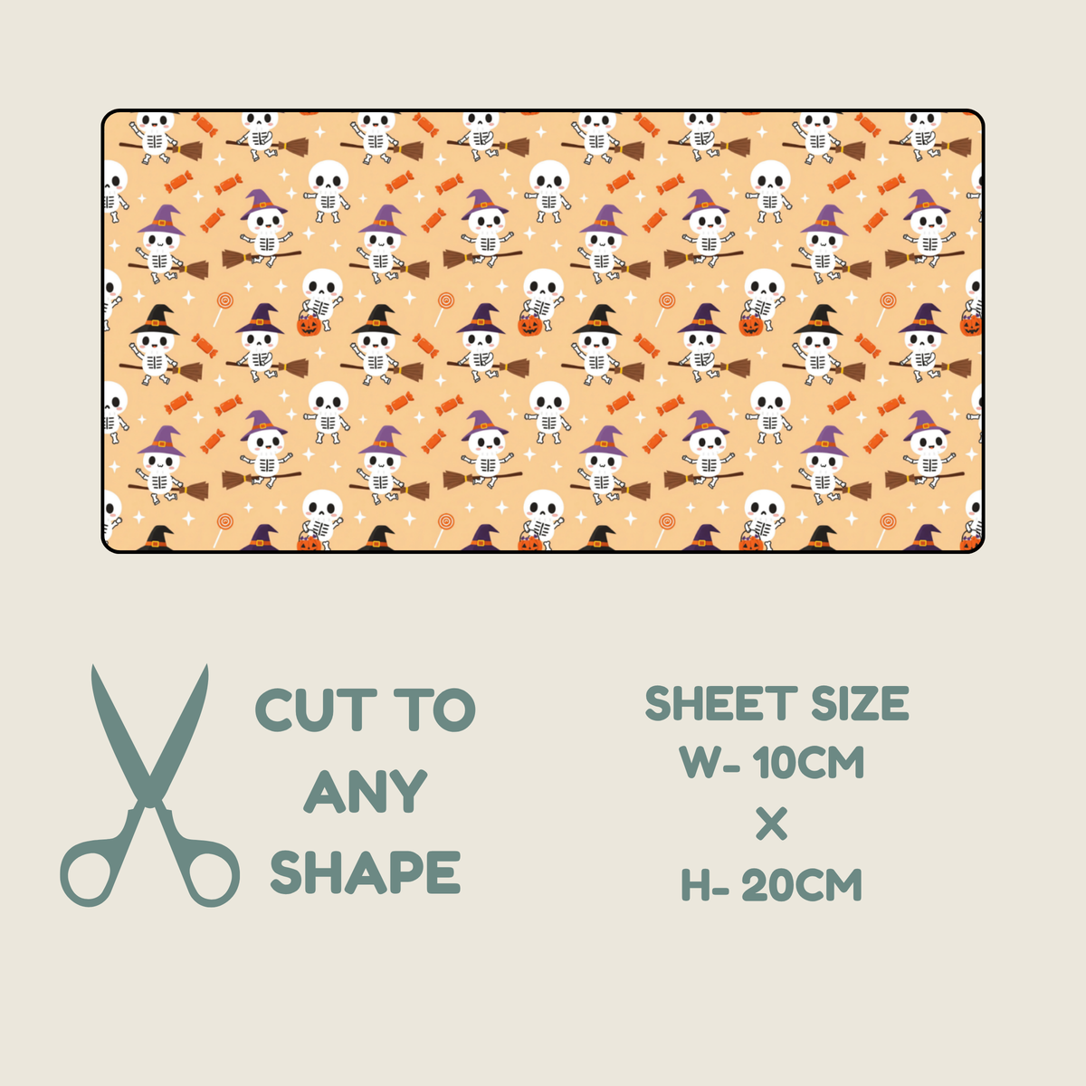Tubie tape pattern preview with a repeating Halloween design on a warm beige background. The pattern shows small white skulls wearing purple witch hats, black witch hats, orange broomsticks, and orange candy corn.