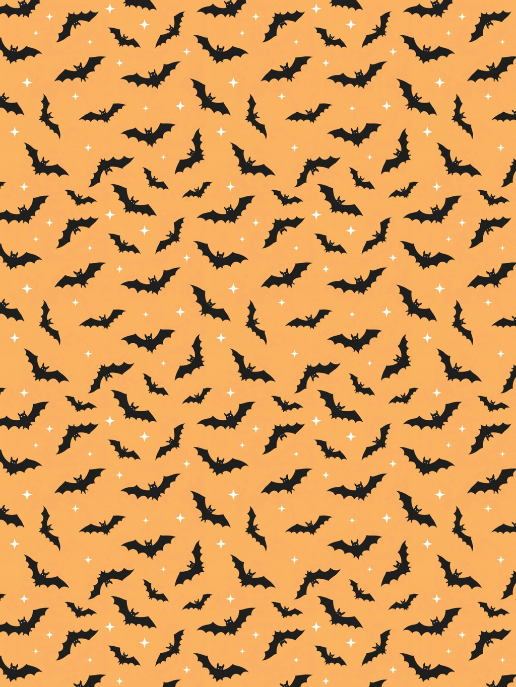 Tubie tape with a repeating Halloween pattern featuring black bats flying across a warm orange background, accented with small white stars.