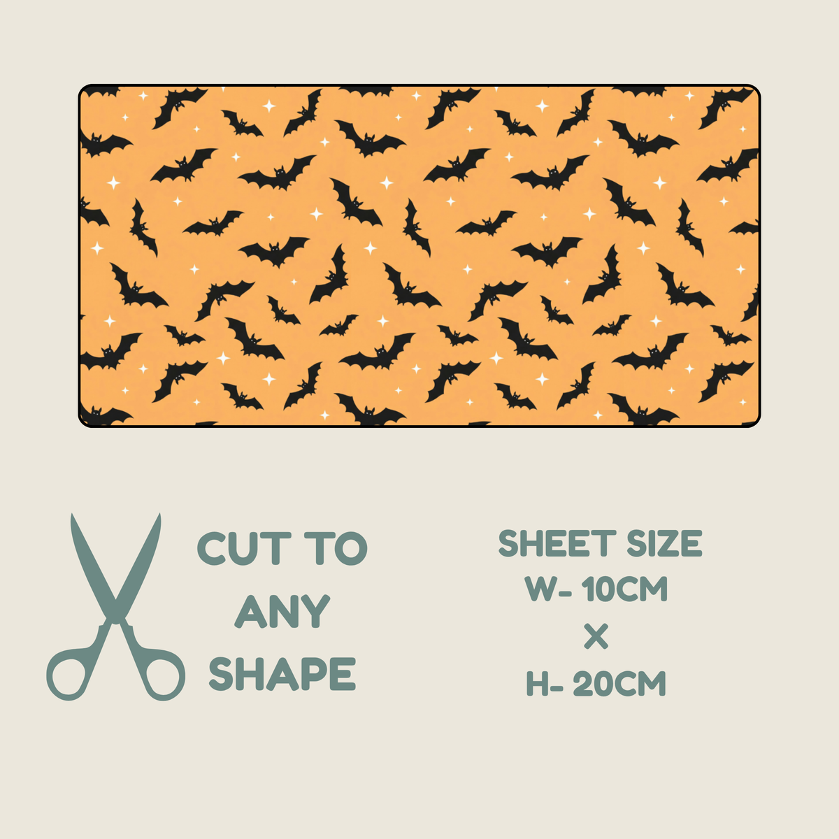 A rectangular sheet of orange tubie tape with a repeating black bat print and small white star accents, shown on a light beige background with text reading 'CUT TO ANY SHAPE' and 'SHEET SIZE W-10CM x H-20CM'.