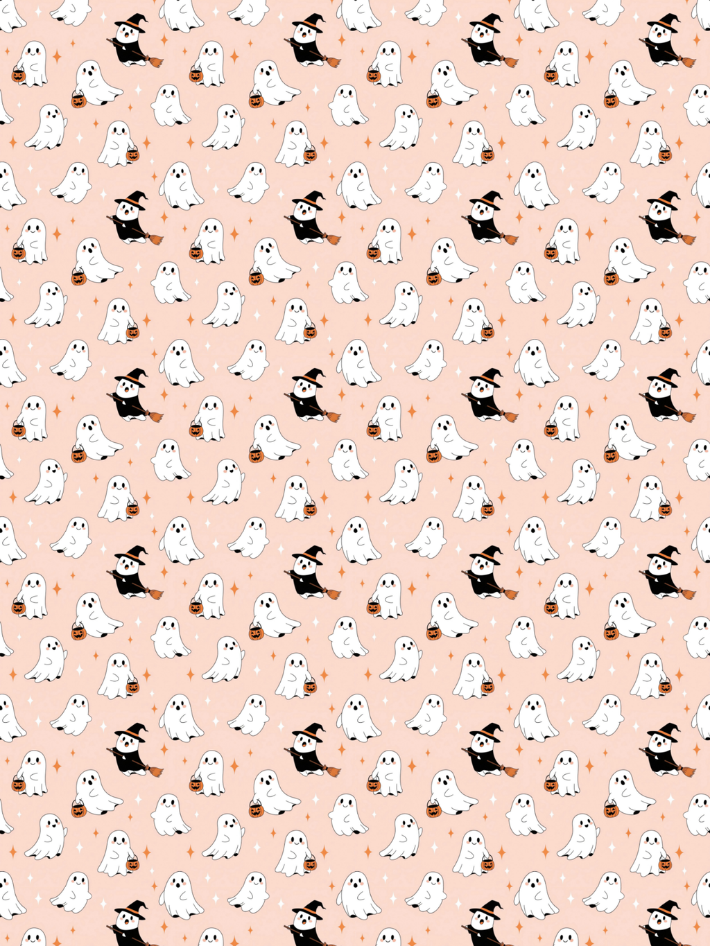 Tubie tape with a repeating Halloween pattern featuring white cartoon ghosts and black ghosts wearing witch hats, with small orange pumpkins and stars on a light peach background.