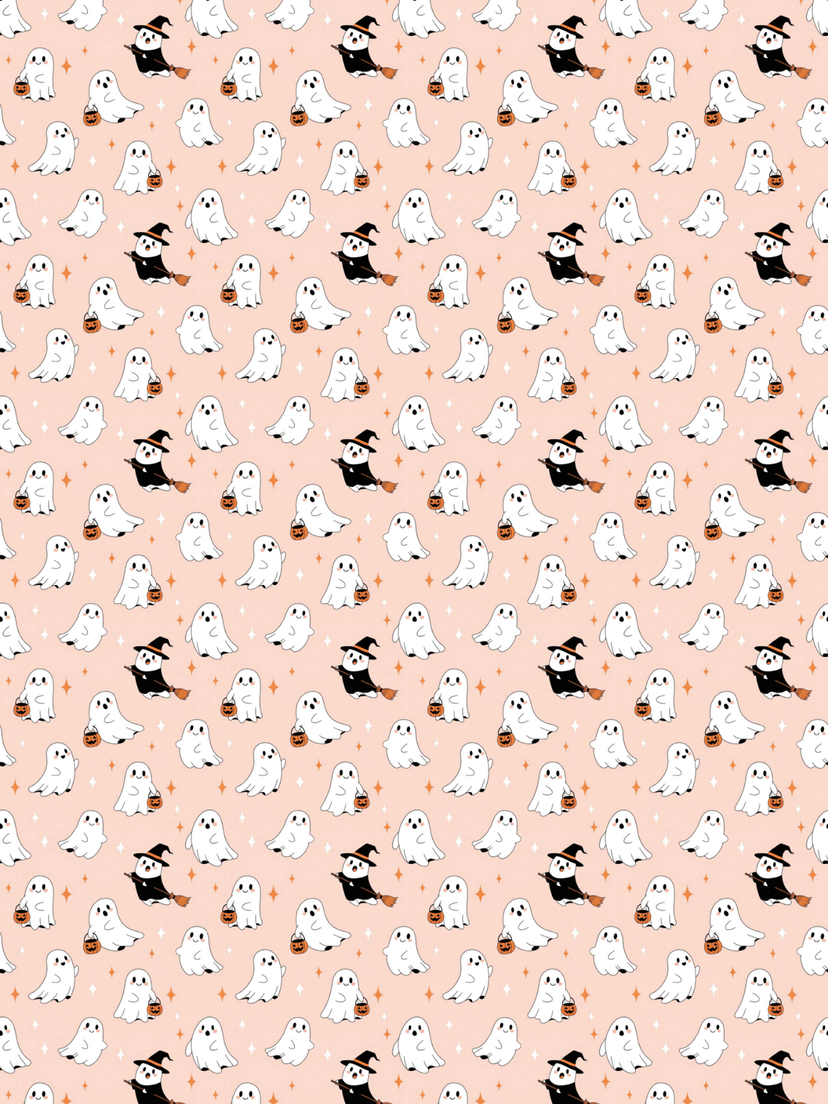 Tubie tape with a repeating Halloween pattern featuring white cartoon ghosts and black ghosts wearing witch hats, with small orange pumpkins and stars on a light peach background.