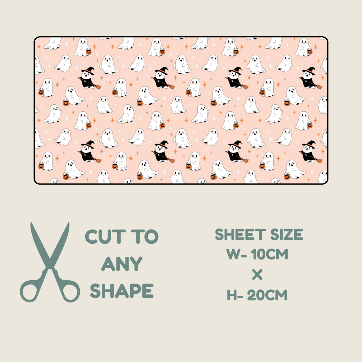 A product graphic showing a tubie tape sheet of Halloween-themed patterned craft vinyl or fabric. The pattern features cute white cartoon ghosts and witch characters on a light peach-pink background.