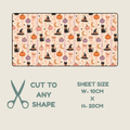 A Halloween-themed tubie tape sheet pattern preview with a repeating print of pumpkins, black cats, witch hats, and moons on a pale pink striped background. Below the sample, text reads 'CUT TO ANY SHAPE' with scissors icon, and 'SHEET SIZE W-10CM x H-20CM' on a light beige background.