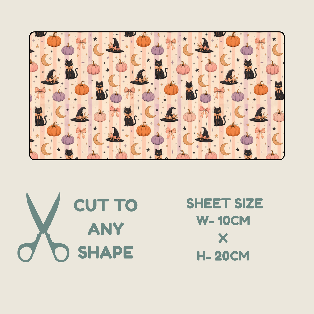 A Halloween-themed tubie tape sheet pattern preview with a repeating print of pumpkins, black cats, witch hats, and moons on a pale pink striped background. Below the sample, text reads 'CUT TO ANY SHAPE' with scissors icon, and 'SHEET SIZE W-10CM x H-20CM' on a light beige background.