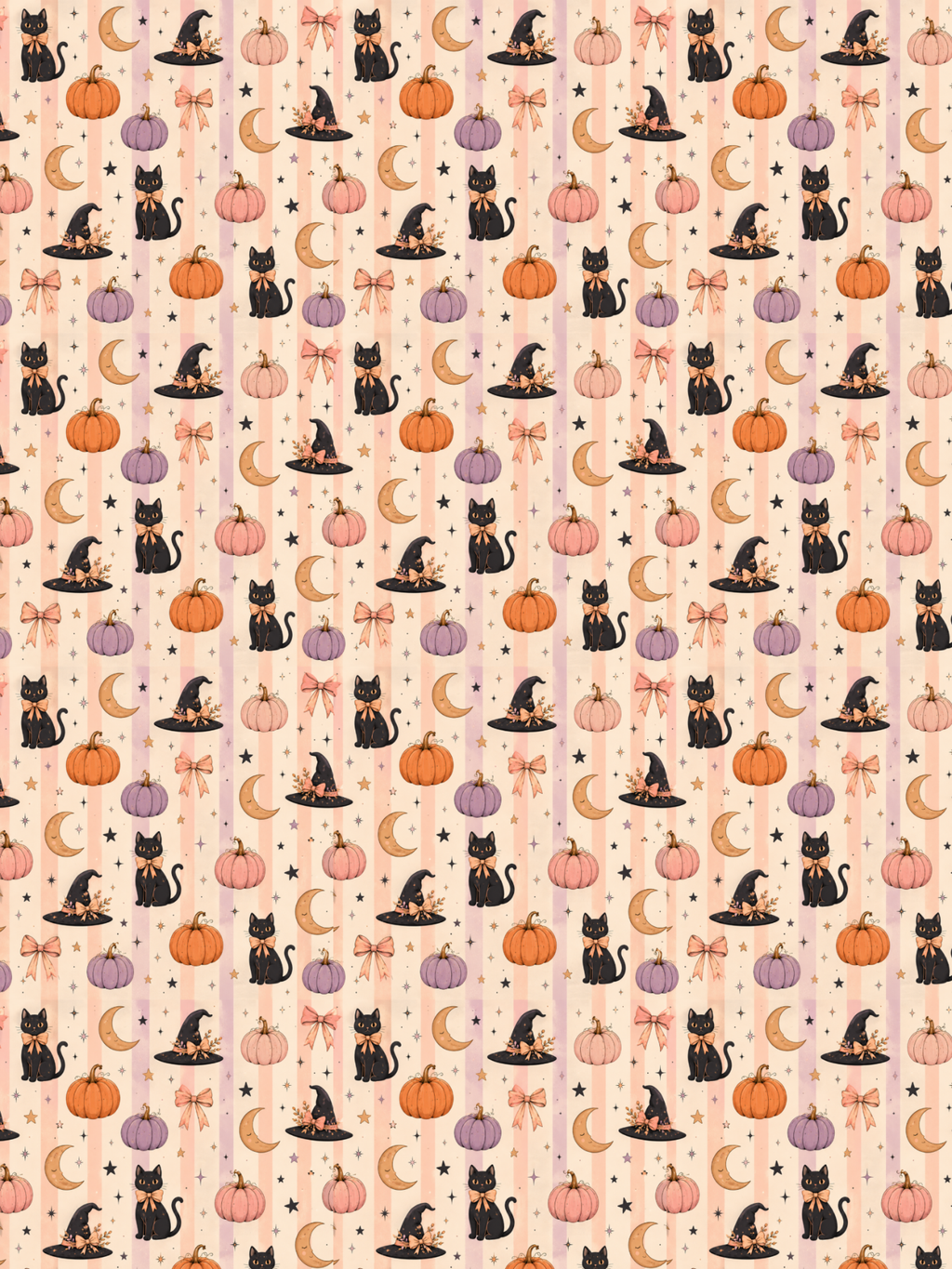 Hypoallergenic tubie tape with a repeating Halloween-themed pattern featuring black cats wearing witch hats, orange pumpkins, pink and purple moons, bows, and small stars on a pale peach background.