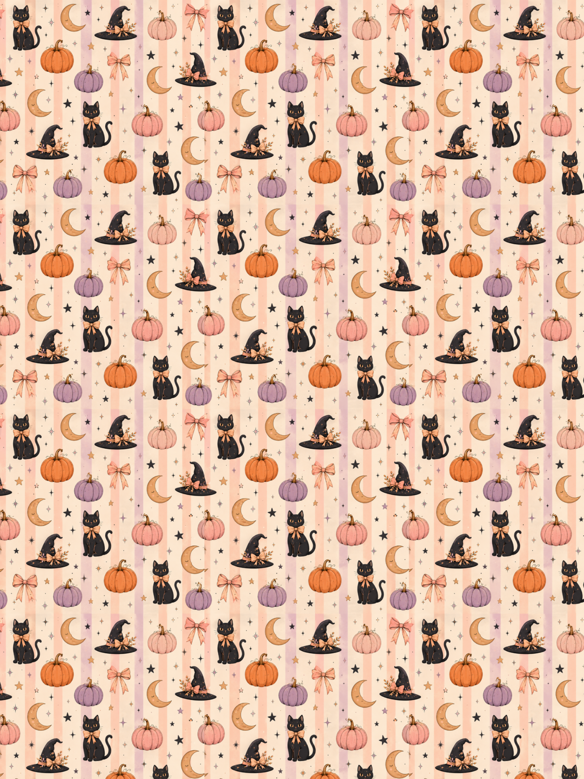 Hypoallergenic tubie tape with a repeating Halloween-themed pattern featuring black cats wearing witch hats, orange pumpkins, pink and purple moons, bows, and small stars on a pale peach background.
