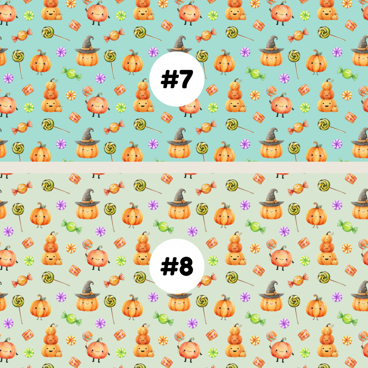 Two Halloween-themed repeating pattern swatches labeled #7 and #8. The top swatch #7 has a light teal background with orange pumpkins, lollipops, sweets, and witch hats.
The bottom swatch #2 has a light green background with orange pumpkins, lollipops, sweets, and witch hats.