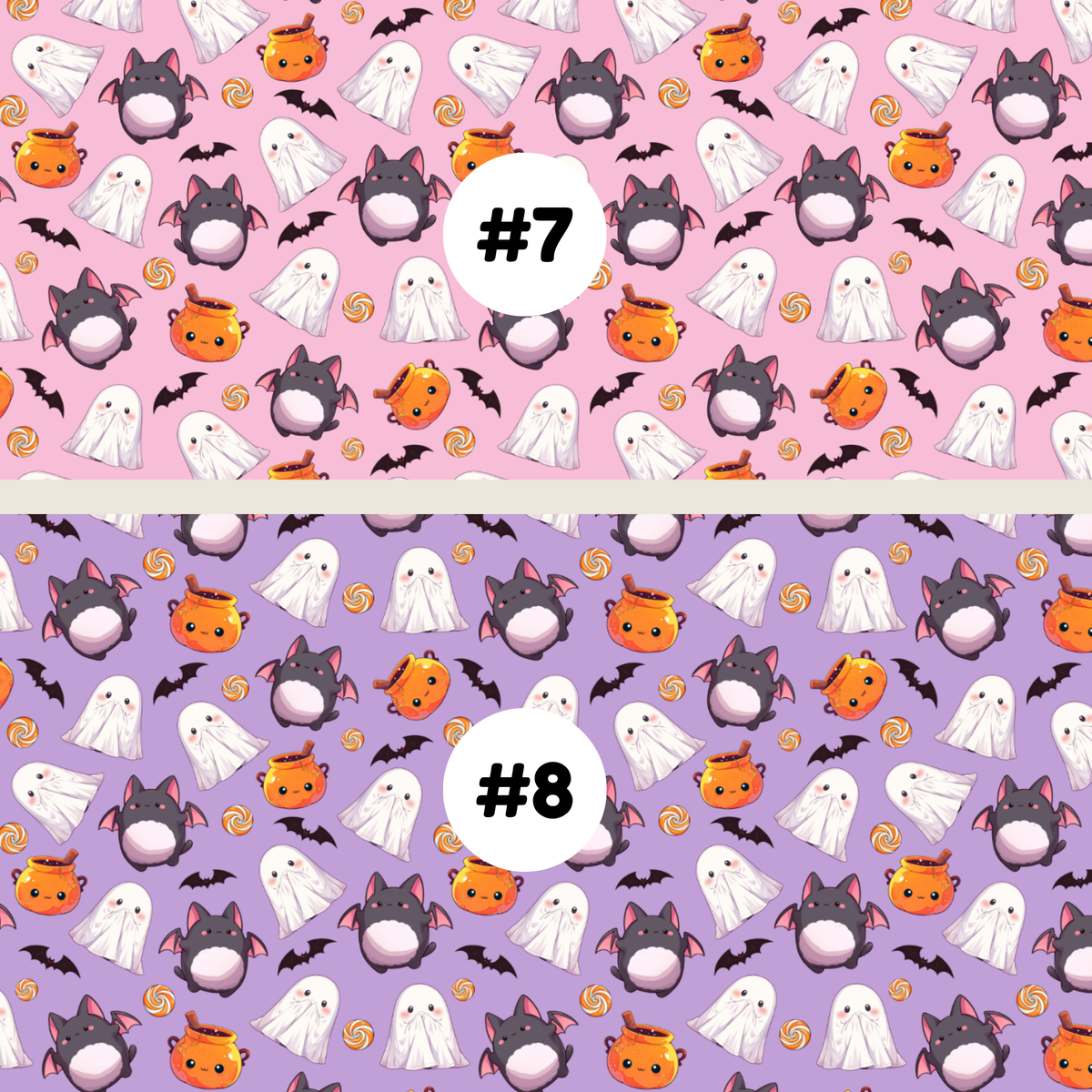 Two Halloween-themed repeating fabric or wallpaper patterns shown side by side, labeled #7 and #8. The top pattern #7 has a pink background with white ghosts, dark gray cats, orange pumpkins, black bats, and small orange swirls.
 The bottom pattern #8 has a purple background with white ghosts, dark gray cats, orange pumpkins, black bats, and small orange swirls.